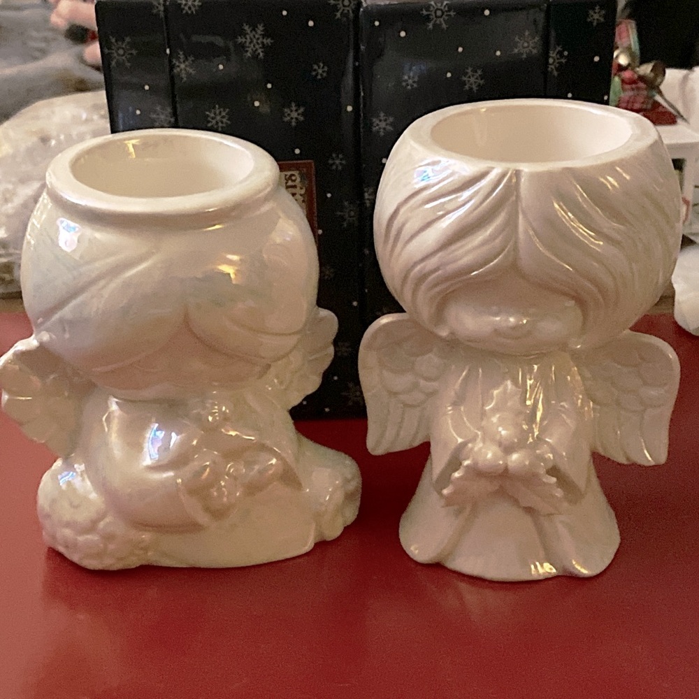 Vtg Colonial Candle Japan Ceramic Pair of two Angel Candle holders iridescent